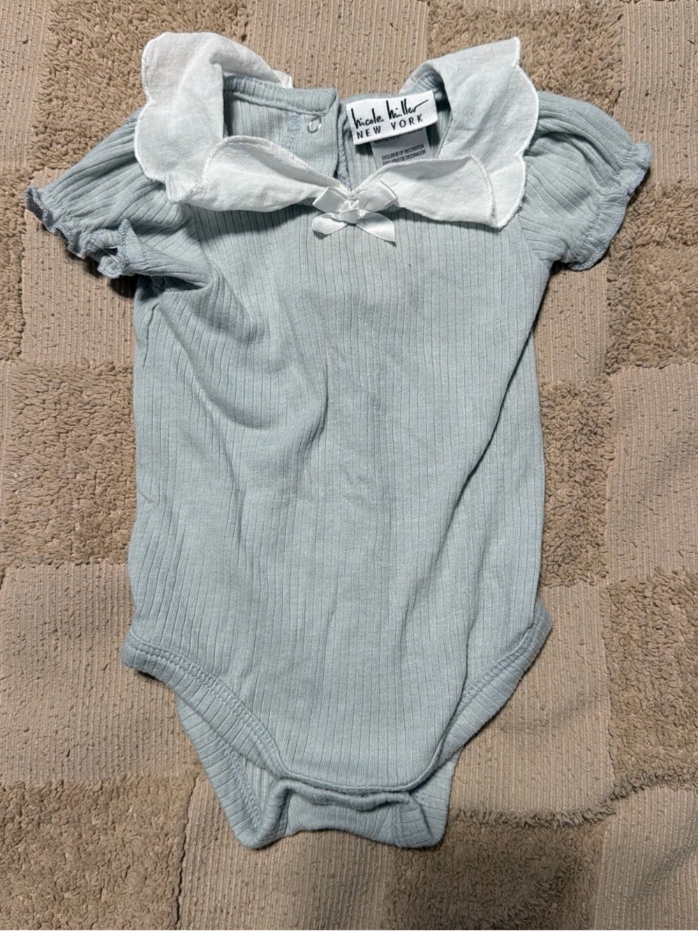 Nicole Miller NY Pale Blue Ribbed Baby Bodysuit with White Peter Pan Collar